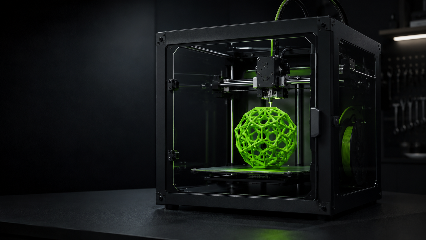 Modern 3D printer producing a lime green geometric print