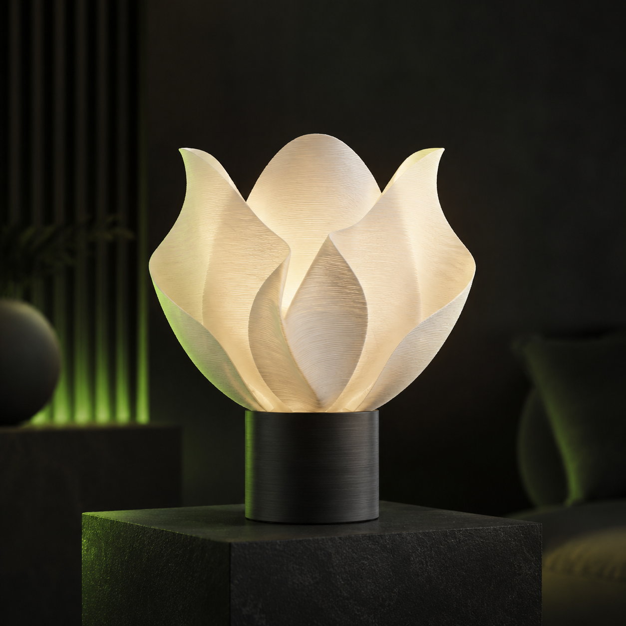 Elegant sculptural 3D printed Lunar Bloom table lamp
